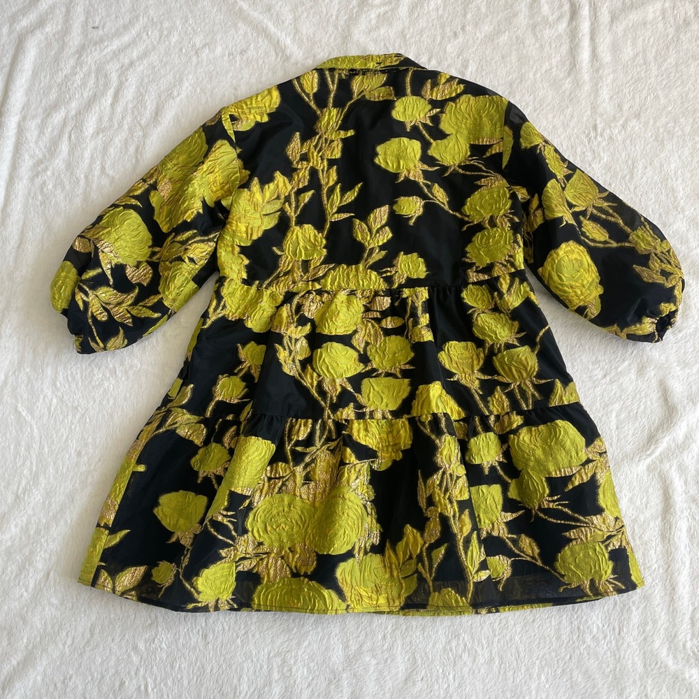 Anthropologie Bettina Jacquard Tiered Mini Shirt Dress Black Gold Floral Medium - Picture 3 of 12
